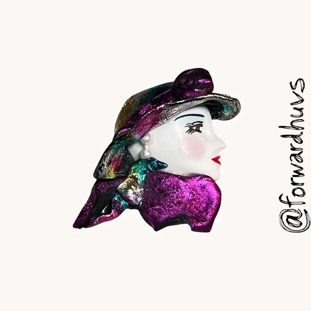Vintage Style Lady Head Brooch Iridescent Resin Pin
